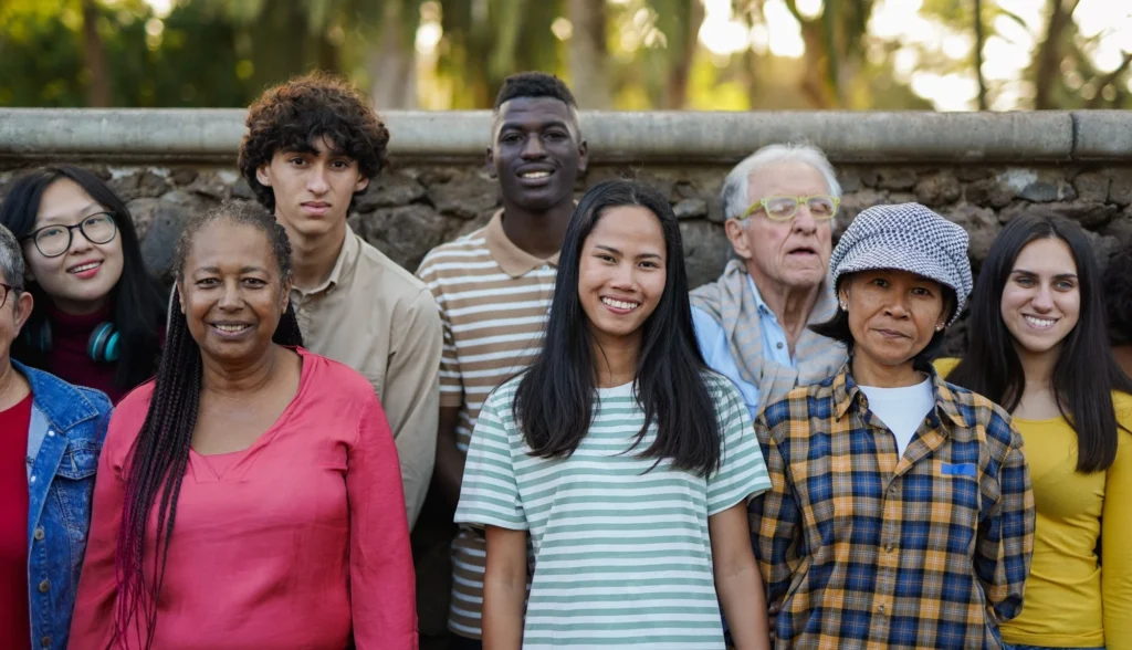 Group of diverse Australian residents of various ages and ethnicities smiling after ceremony.