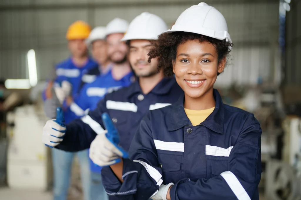 Diverse group of skilled workers in hard hats and uniforms giving a thumbs up in Australia.