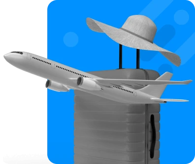 3D illustration of an airplane taking off over a suitcase and sun hat for Australian travel.